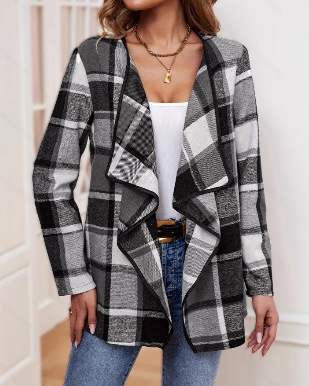 Plaid Waterfall Collar Open Front Cardigan - Black