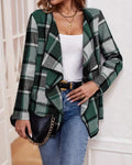 Plaid Waterfall Collar Open Front Cardigan - Green