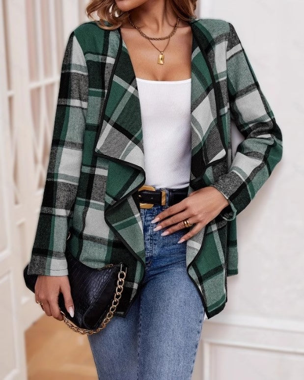 Plaid Waterfall Collar Open Front Cardigan - Green