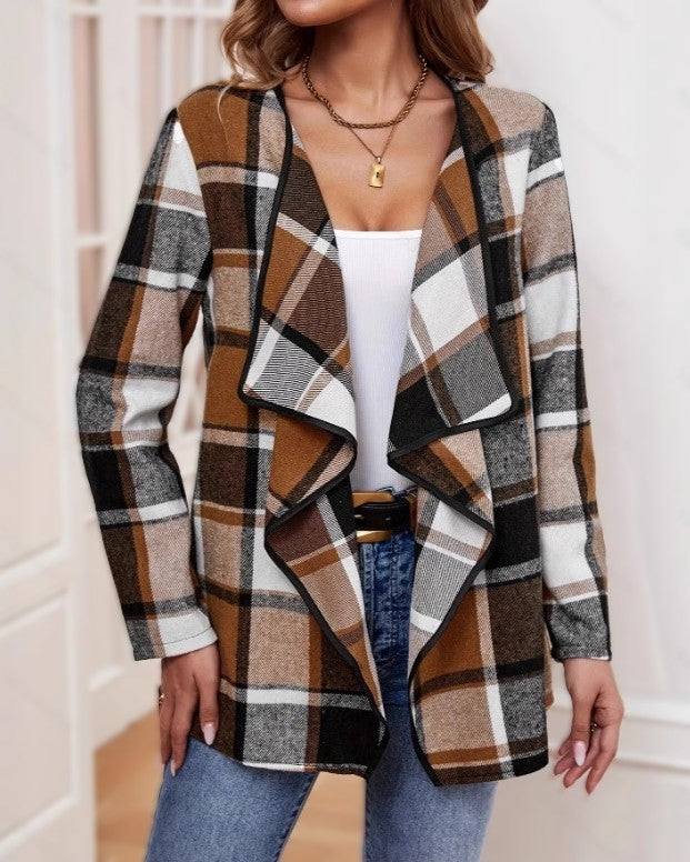 Plaid Waterfall Collar Open Front Cardigan - Khaki