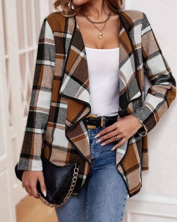 Plaid Waterfall Collar Open Front Cardigan - Khaki - 1