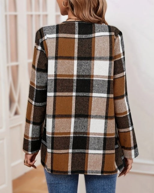 Plaid Waterfall Collar Open Front Cardigan - Khaki - 2