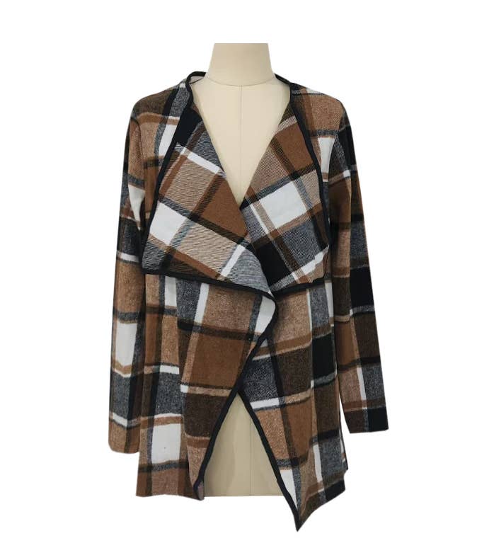 Plaid Waterfall Collar Open Front Cardigan
