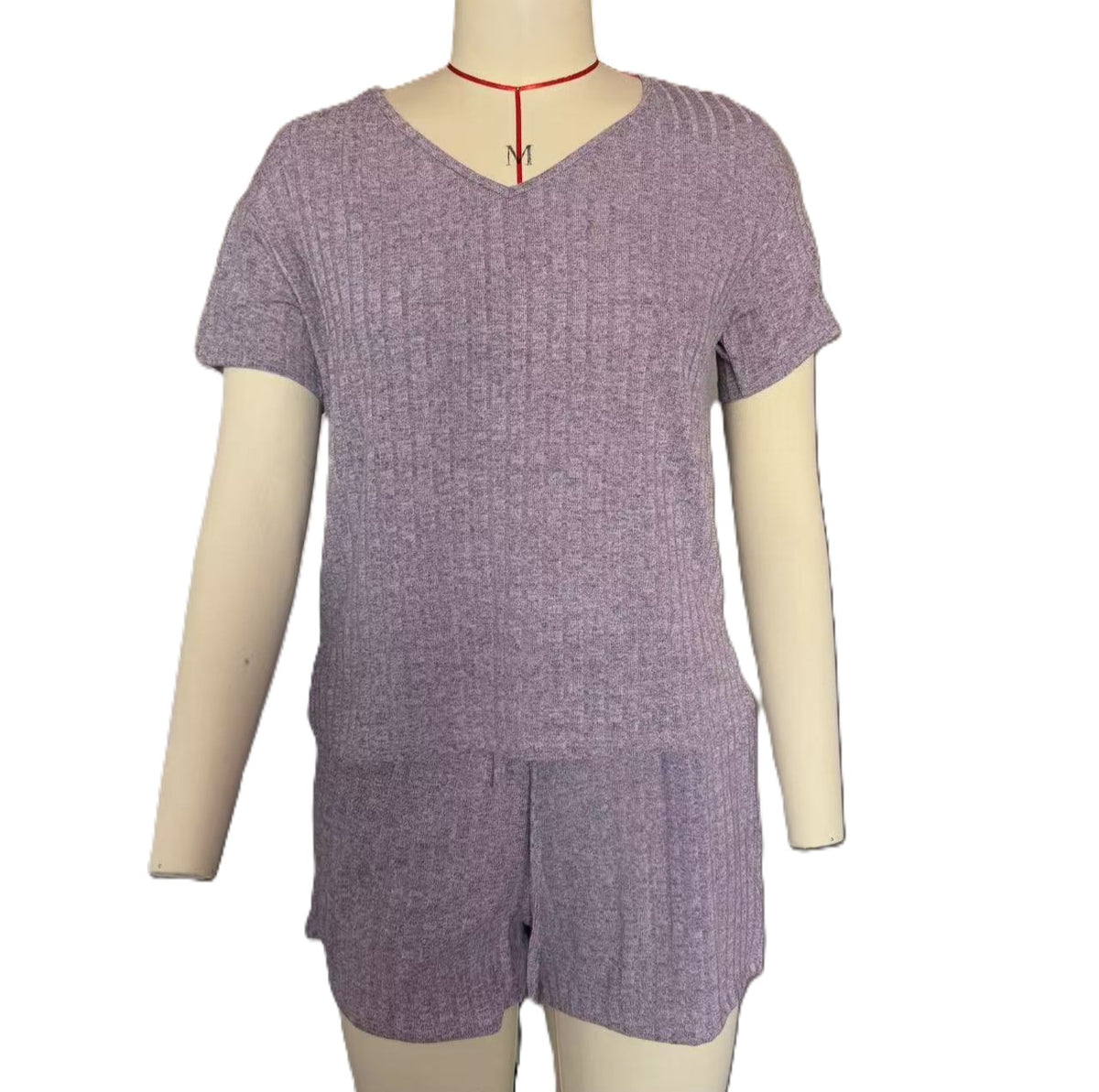 Ribbed Knit Tee and Shorts Lounge Set - Purple