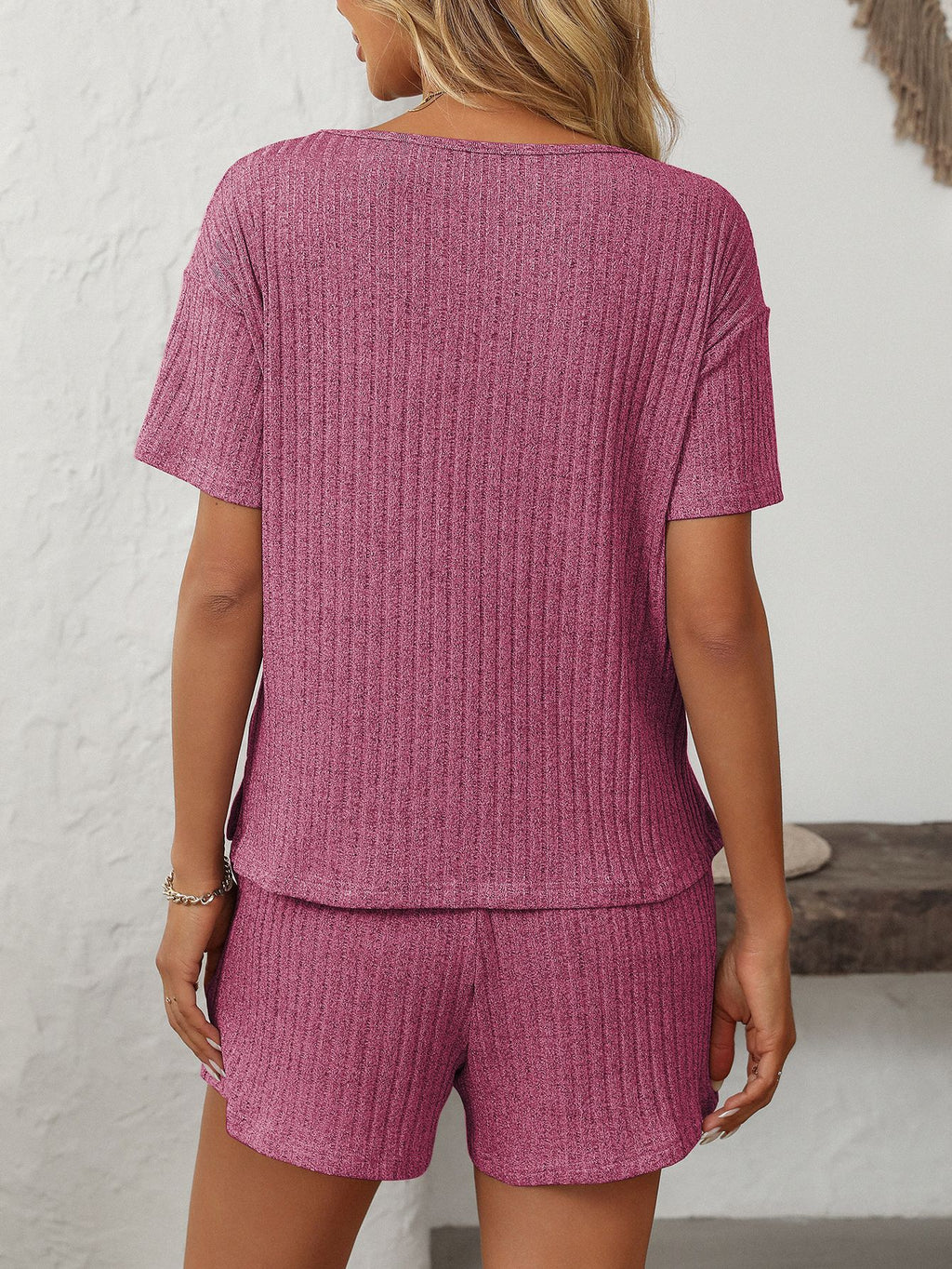 Ribbed Knit Tee and Shorts Lounge Set - Rosered - 1