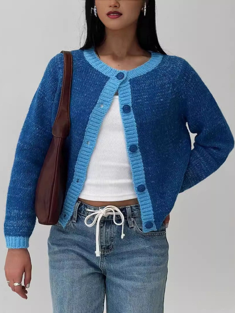 Contrast Trim Button Front Knit Cardigan - Blue