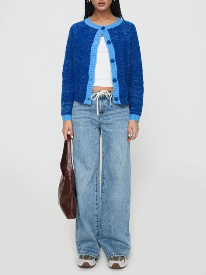 Contrast Trim Button Front Knit Cardigan - Blue - 1
