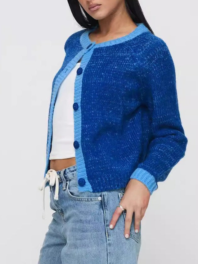 Contrast Trim Button Front Knit Cardigan - Blue - 2
