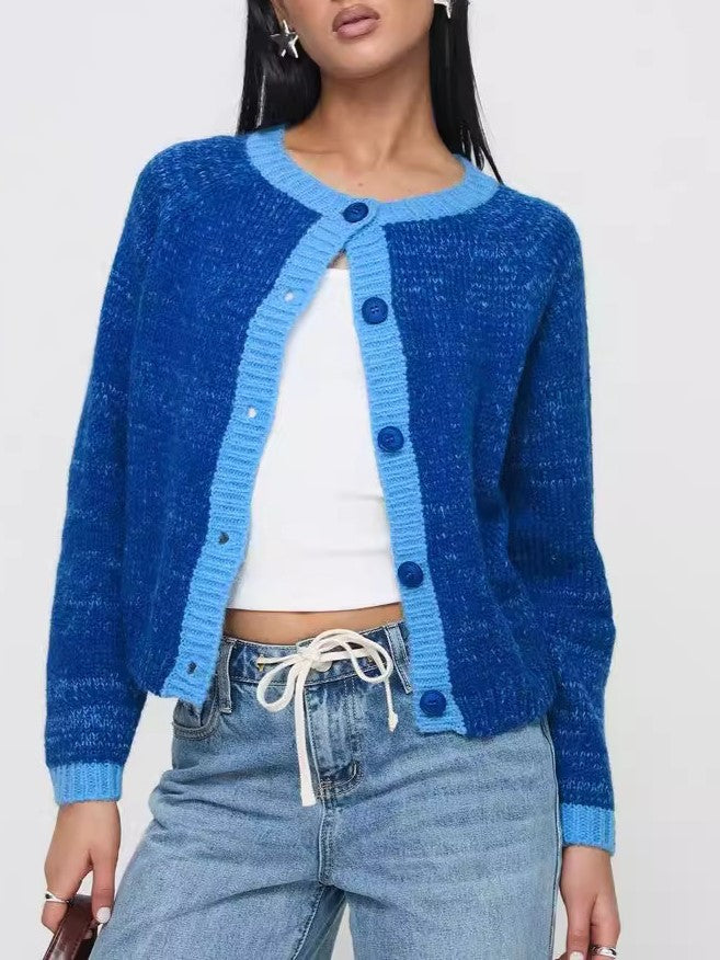 Contrast Trim Button Front Knit Cardigan - Blue - 3