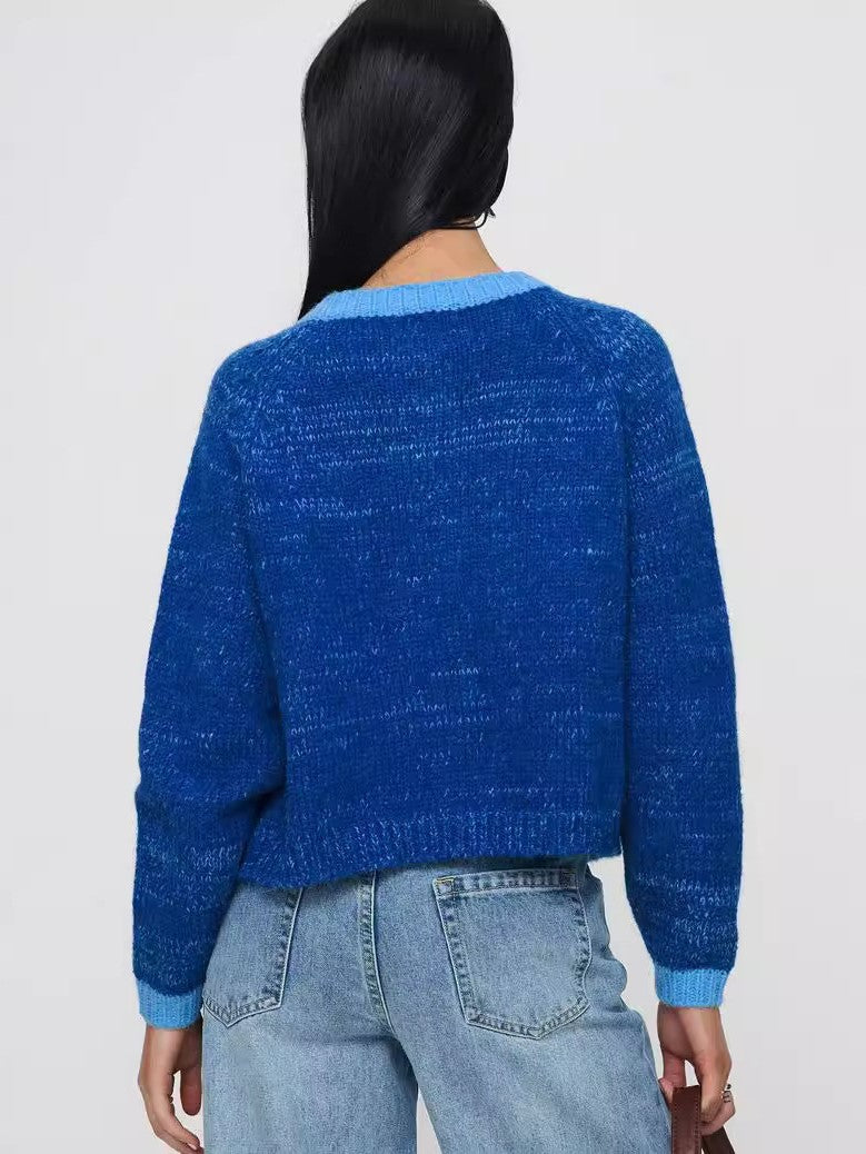 Contrast Trim Button Front Knit Cardigan - Blue - 4