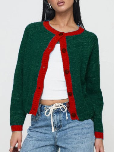Contrast Trim Button Front Knit Cardigan - Green