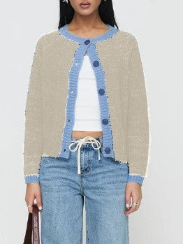 Contrast Trim Button Front Knit Cardigan - Khaki
