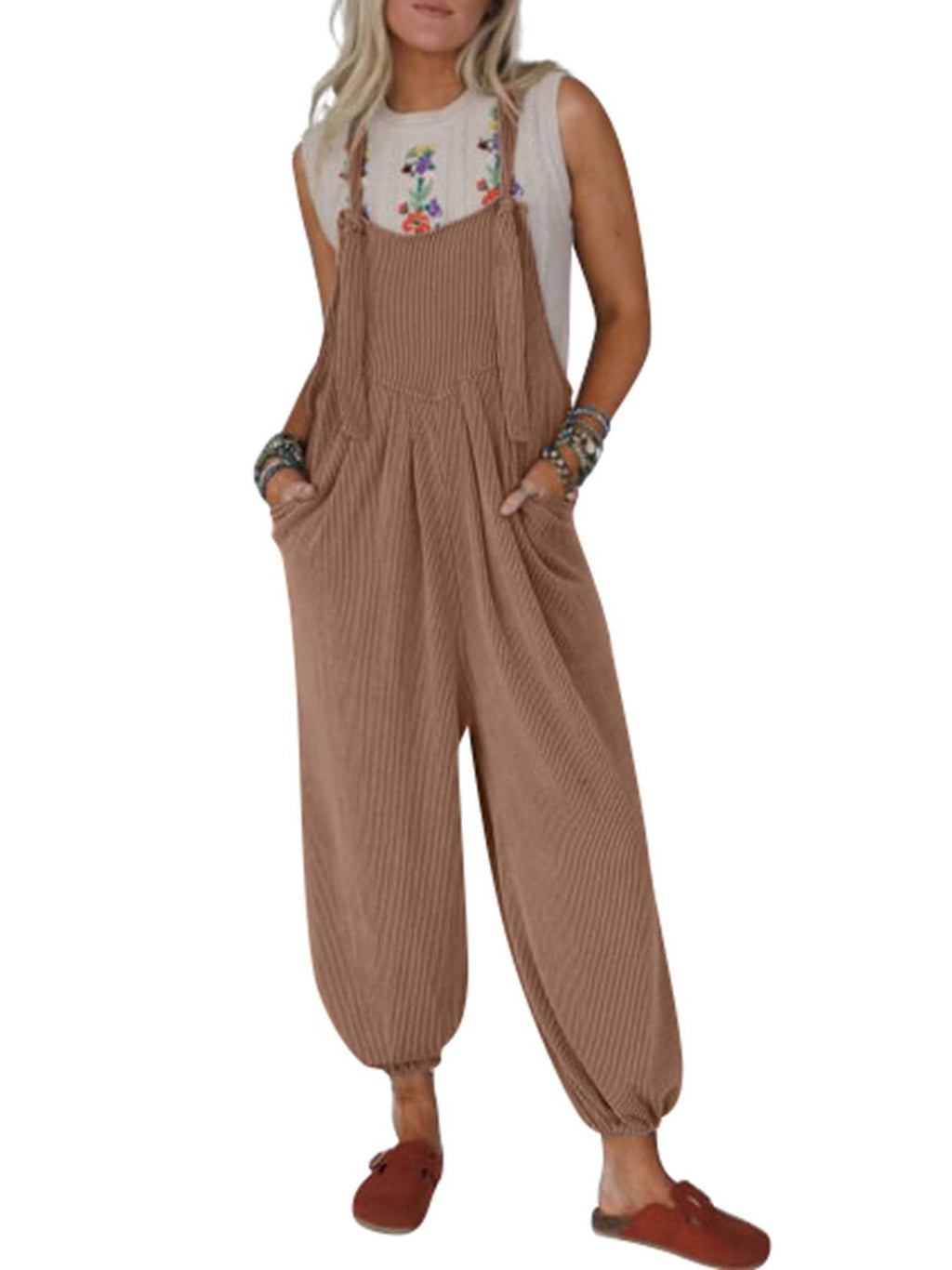 Relaxed Dungaree Style Cuffed Leg Jumpsuit - Brown