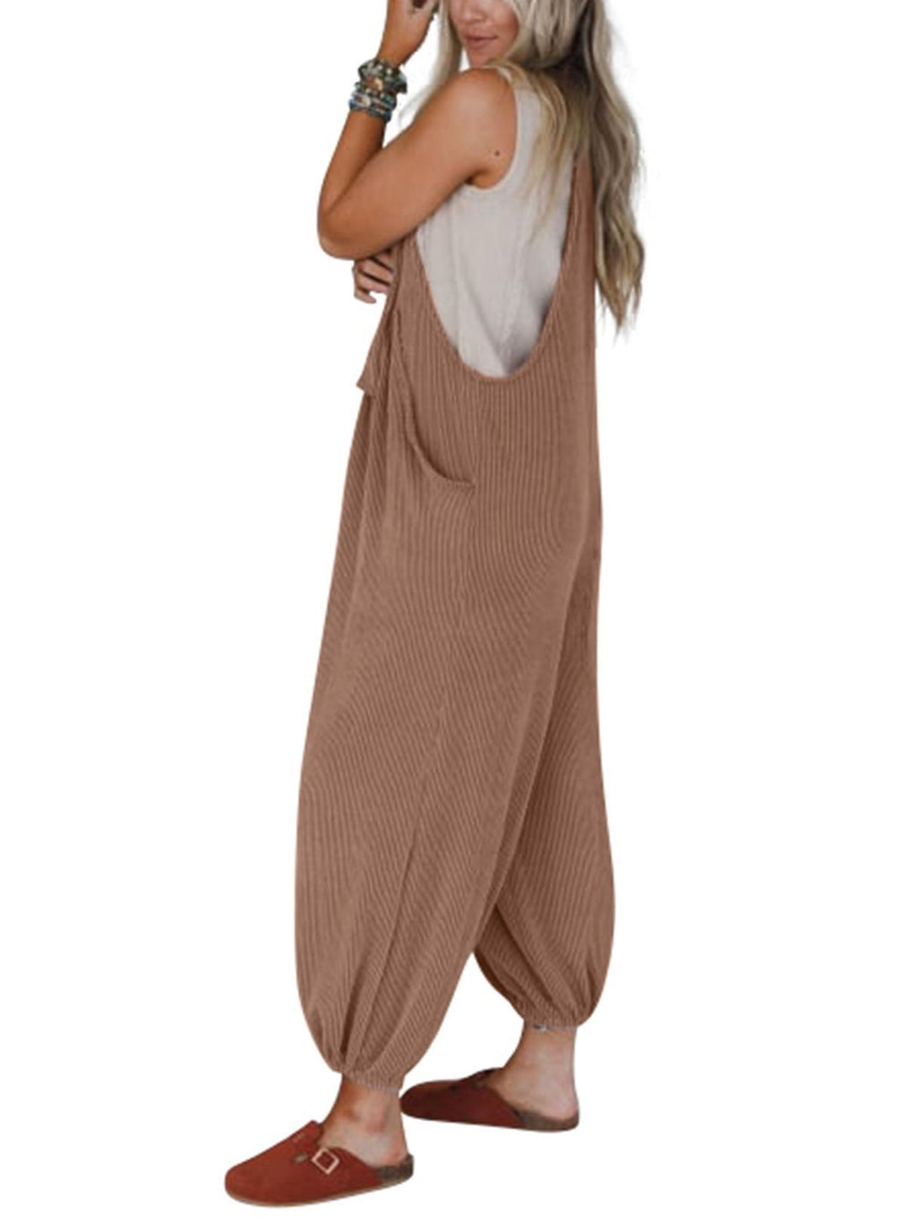 Relaxed Dungaree Style Cuffed Leg Jumpsuit - Brown - 2