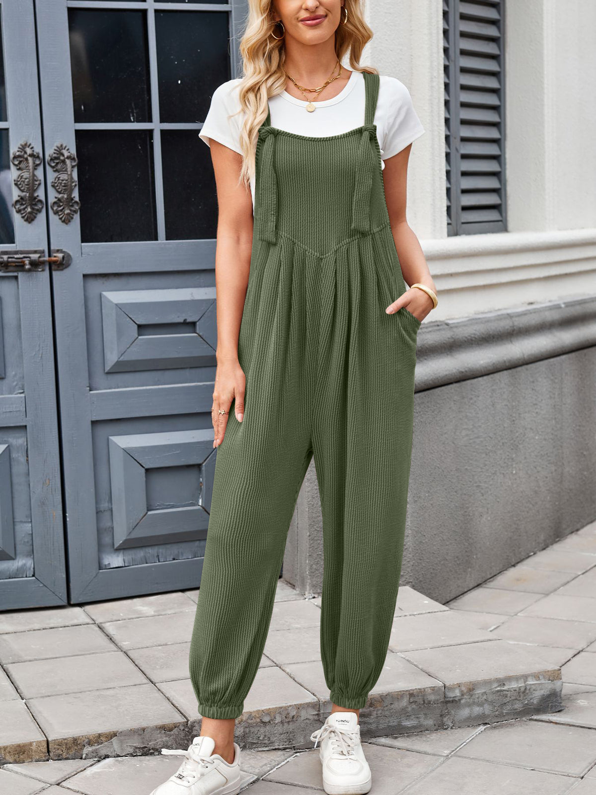 Relaxed Dungaree Style Cuffed Leg Jumpsuit - Green - 1