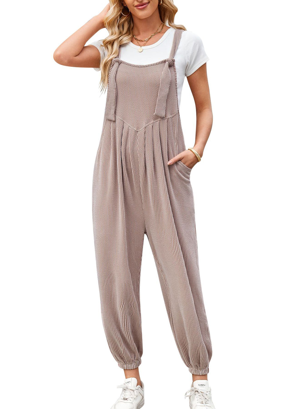Relaxed Dungaree Style Cuffed Leg Jumpsuit - Khaki - 2