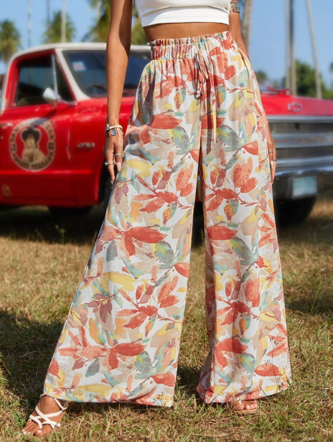 Botanical Leaf Print Wide Leg Pants - Multi