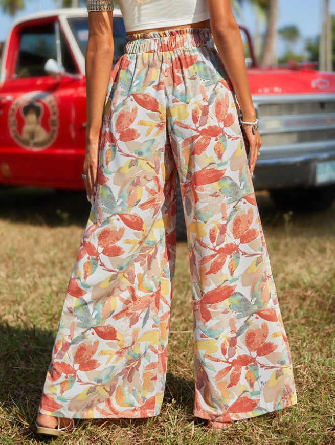Botanical Leaf Print Wide Leg Pants - Multi - 3