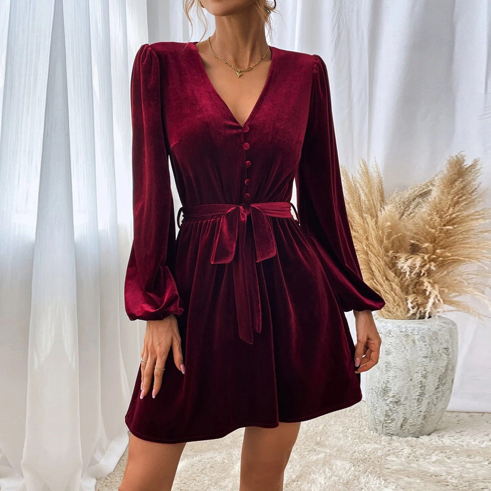Velvet Tie Waist A-Line Party Dress - Wine