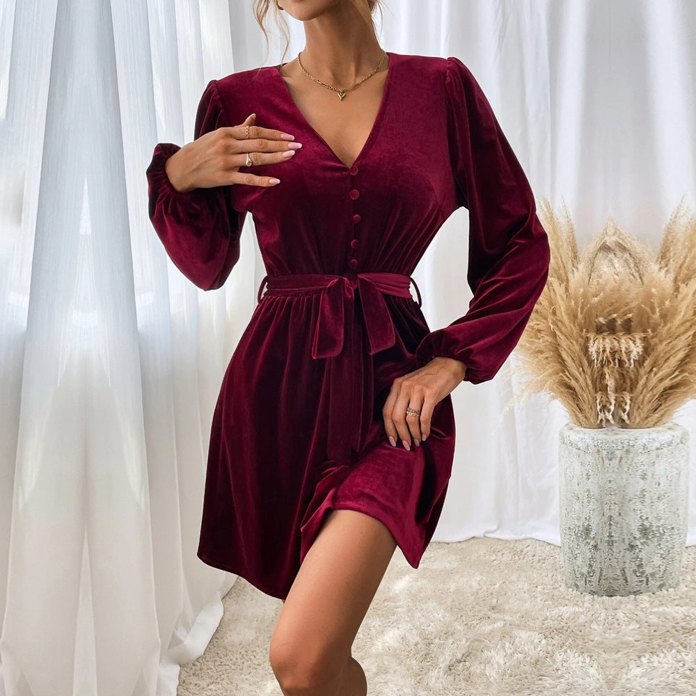 Velvet Tie Waist A-Line Party Dress - Wine - 1