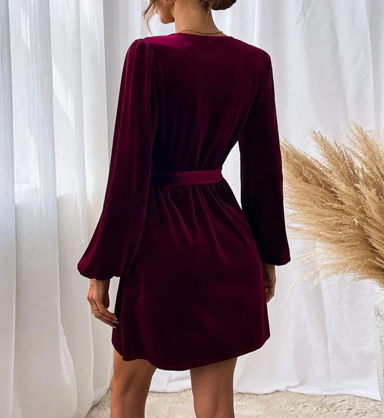 Velvet Tie Waist A-Line Party Dress - Wine - 2