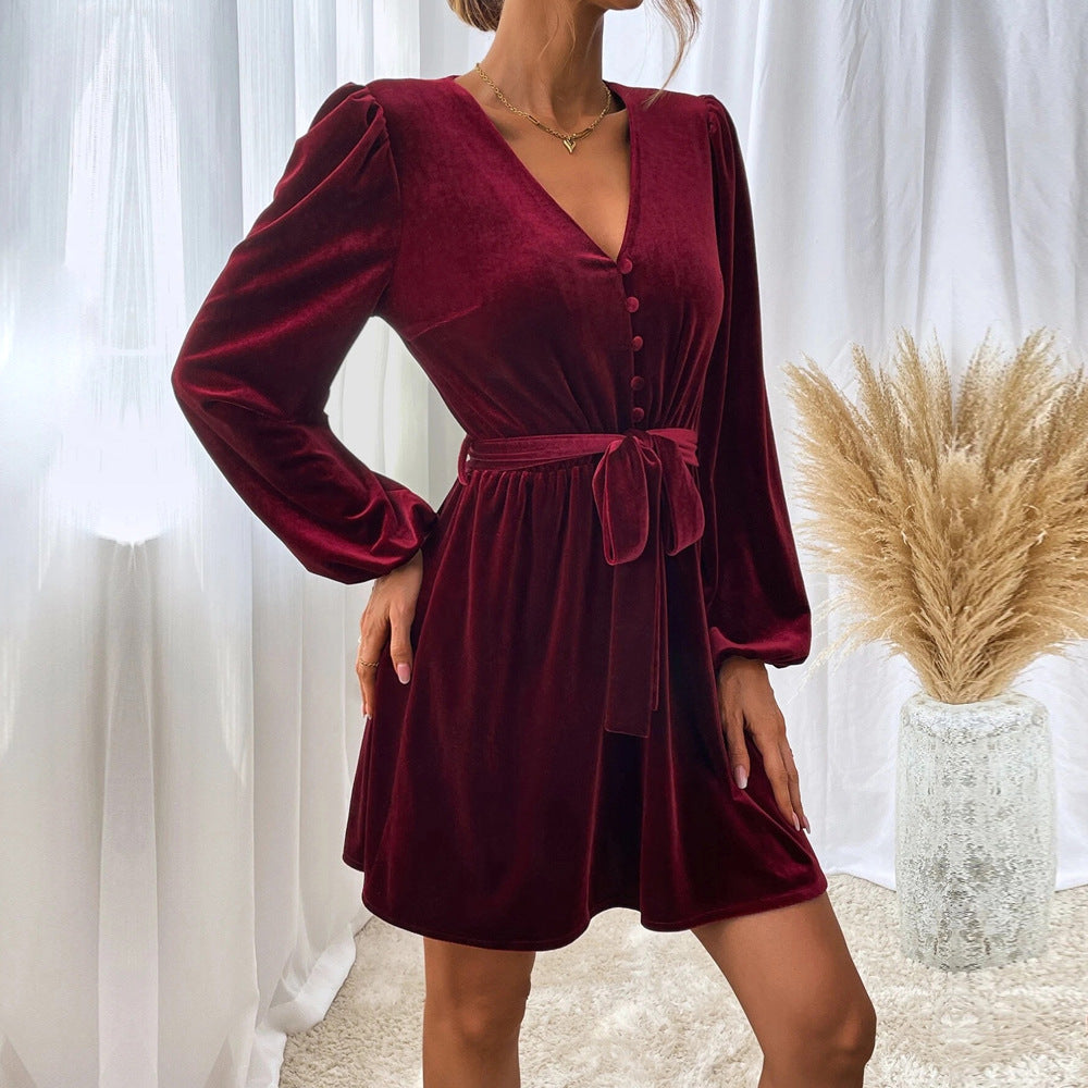 Velvet Tie Waist A-Line Party Dress - Wine - 3