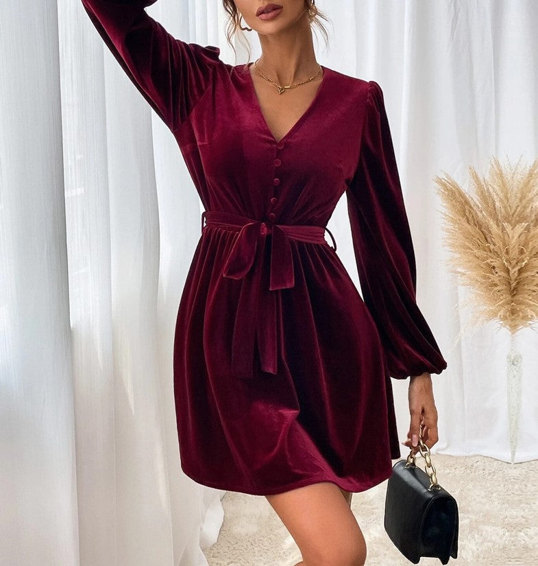 Velvet Tie Waist A-Line Party Dress - Wine - 5