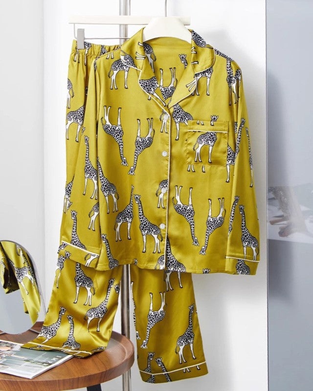 Giraffe Print Satin Pajama Shirt And Pants - Giraffe