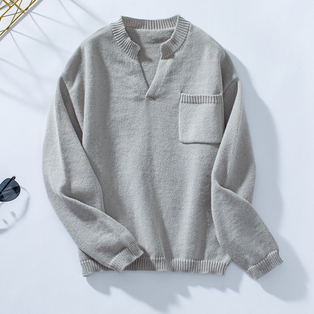 Notch Neck Chest Pocket Knit Sweater - Grey