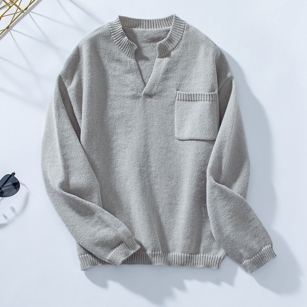 Notch Neck Chest Pocket Knit Sweater - Grey