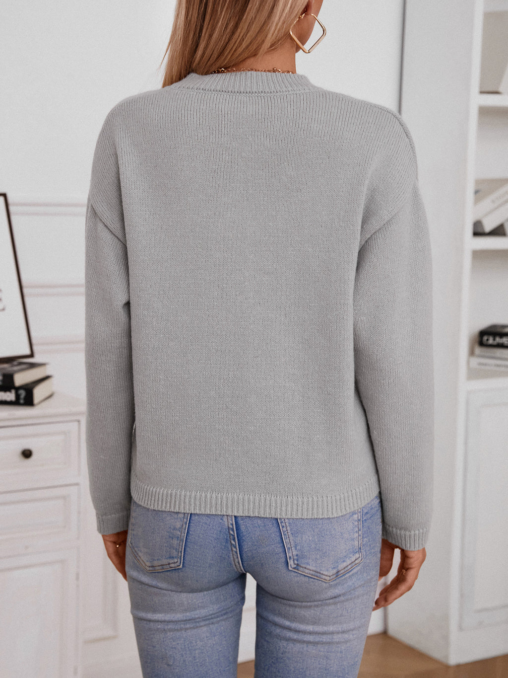 Notch Neck Chest Pocket Knit Sweater - Grey - 2