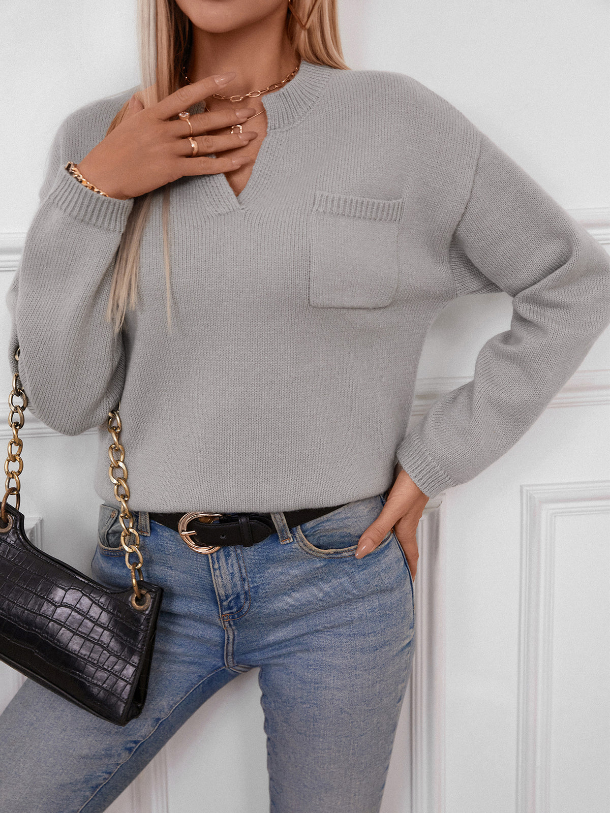 Notch Neck Chest Pocket Knit Sweater - Grey - 4
