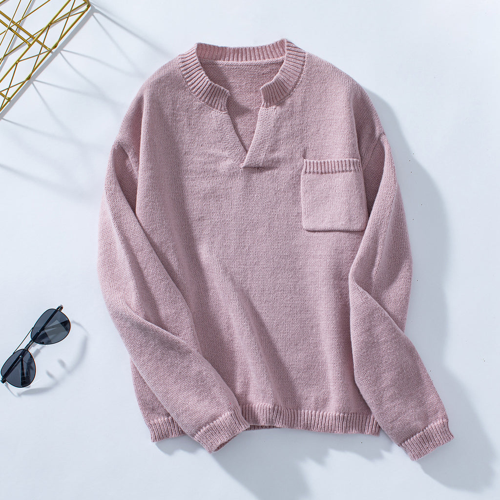 Notch Neck Chest Pocket Knit Sweater - Lotuspink
