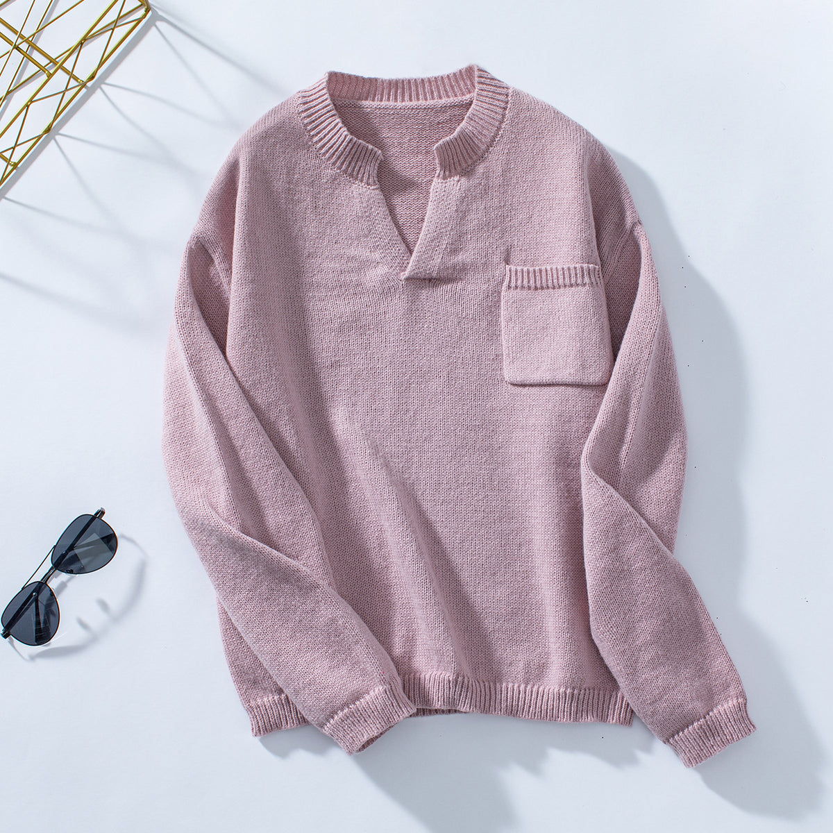 Notch Neck Chest Pocket Knit Sweater - Lotuspink