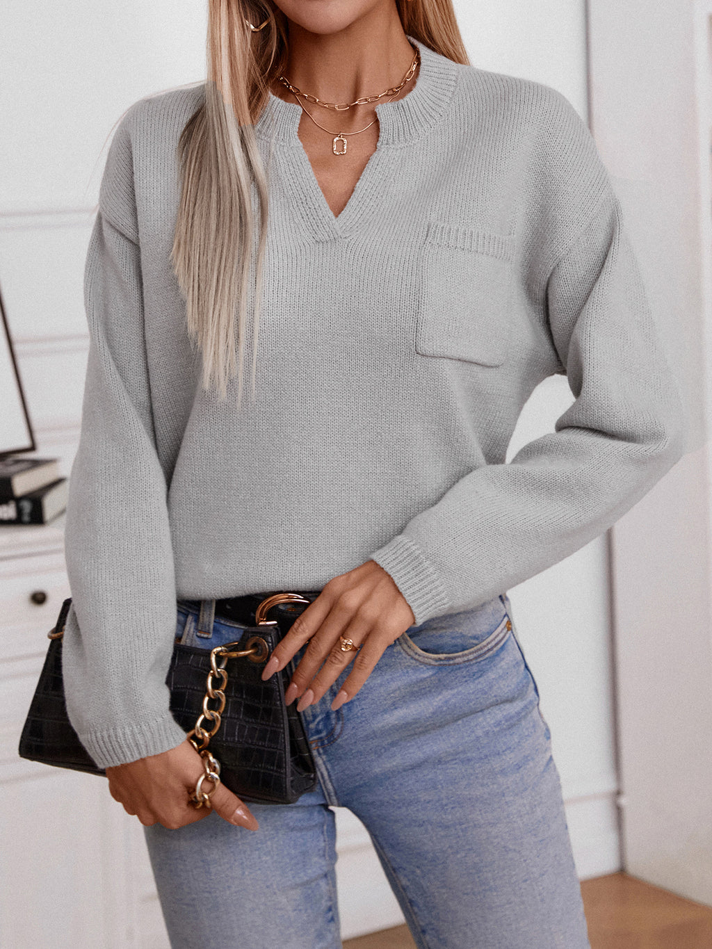 Notch Neck Chest Pocket Knit Sweater - view 1