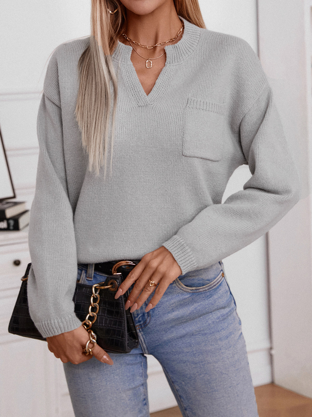 Notch Neck Chest Pocket Knit Sweater - view 1