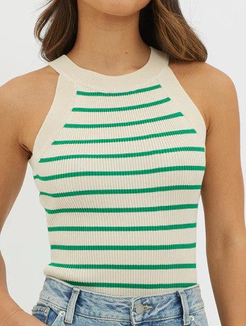 Striped Ribbed High Neck Tank Top - Green
