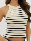 Striped Ribbed High Neck Tank Top - White