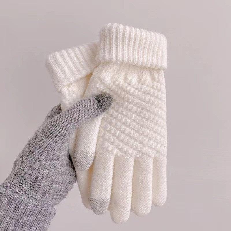 Textured Knit Touchscreen Winter Gloves - White