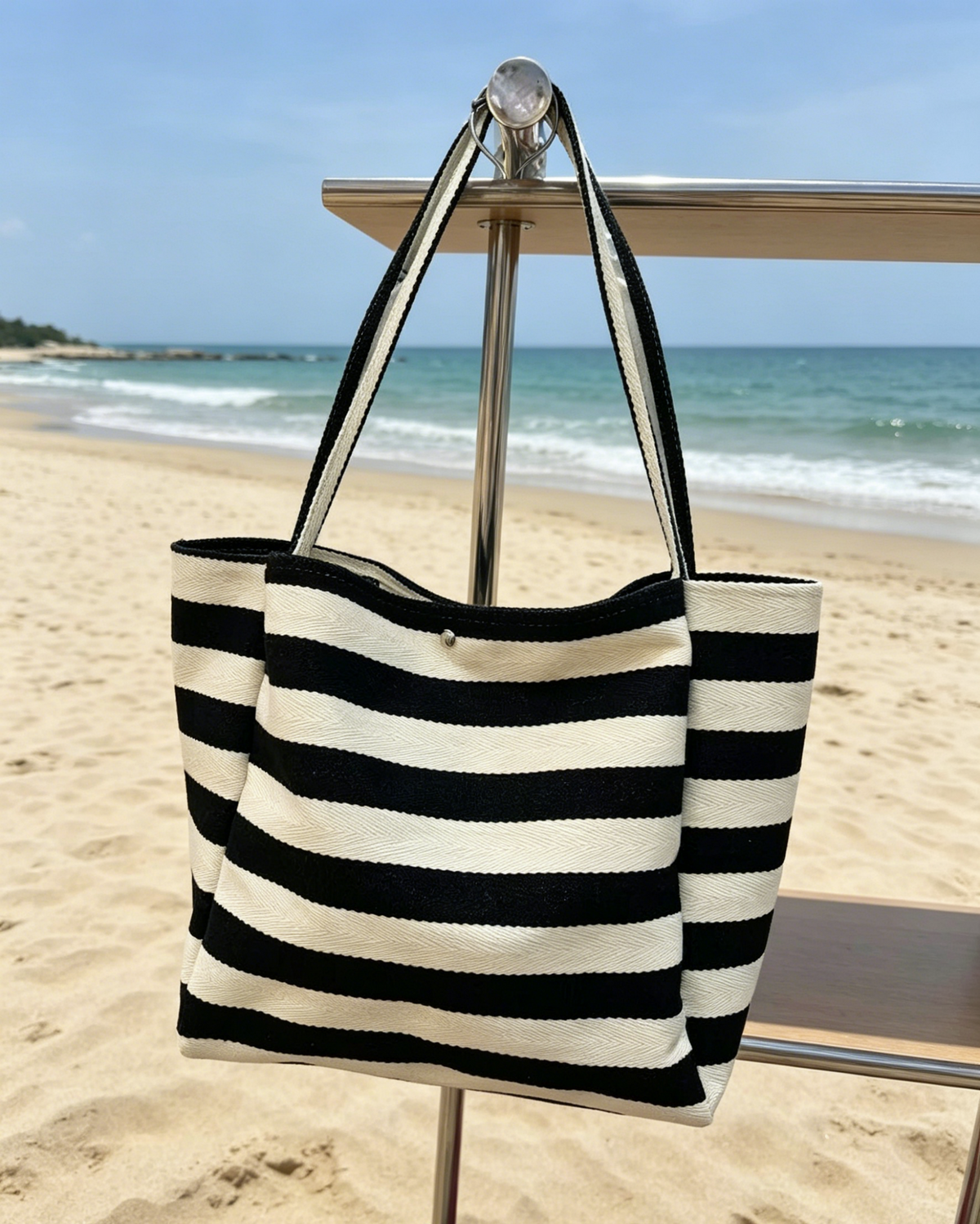 Woven Stripe Canvas Beach Shoulder Tote - Black