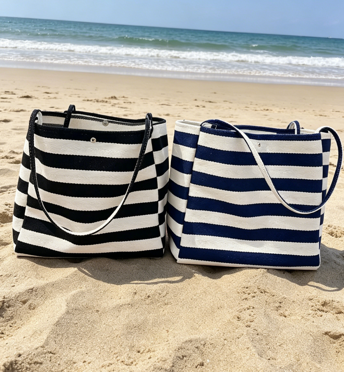 Woven Stripe Canvas Beach Shoulder Tote - Black - 2