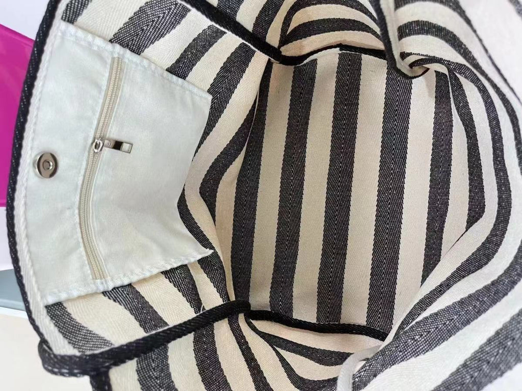 Woven Stripe Canvas Beach Shoulder Tote - Black - 3