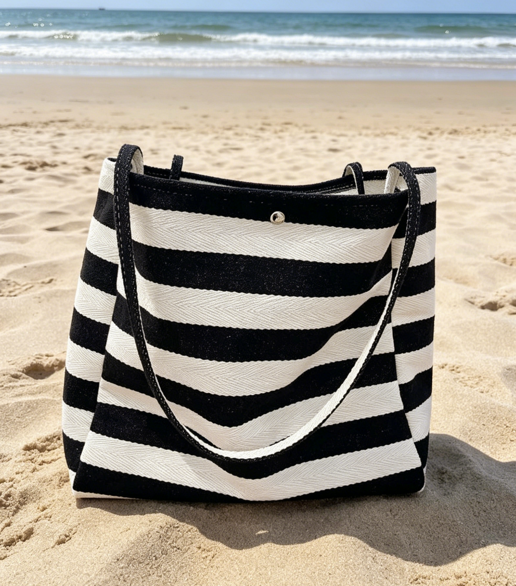 Woven Stripe Canvas Beach Shoulder Tote - Black - 4