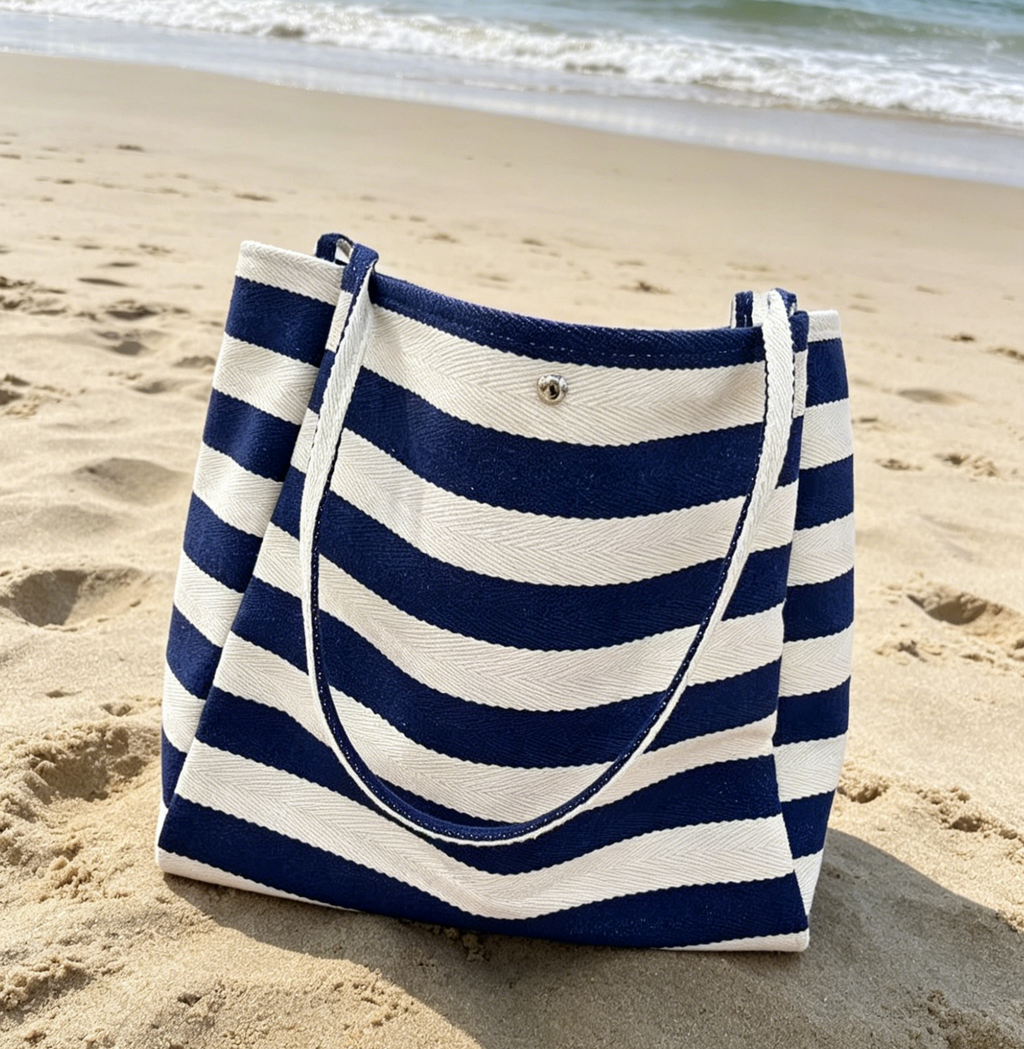 Woven Stripe Canvas Beach Shoulder Tote - Blue - 1