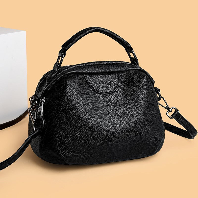 Black Pebbled Dome Satchel with Crossbody Strap - Black