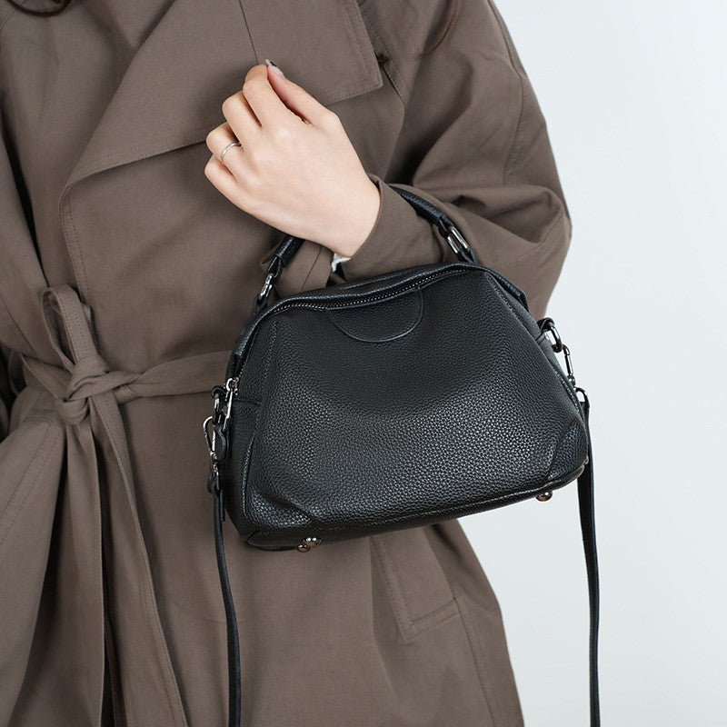 Black Pebbled Dome Satchel with Crossbody Strap