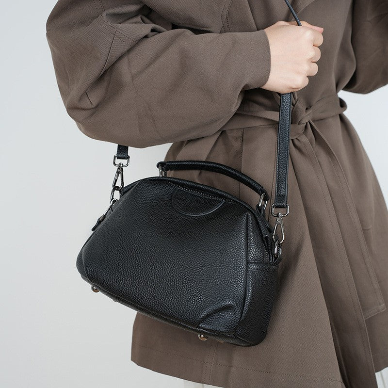 Black Pebbled Dome Satchel with Crossbody Strap