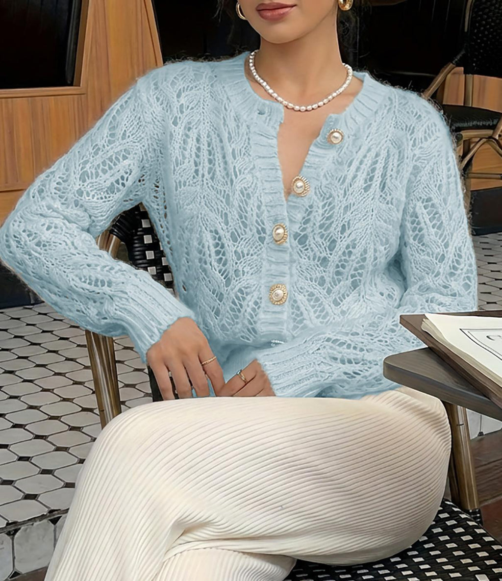Pointelle Open Knit Button Front Top - Blue