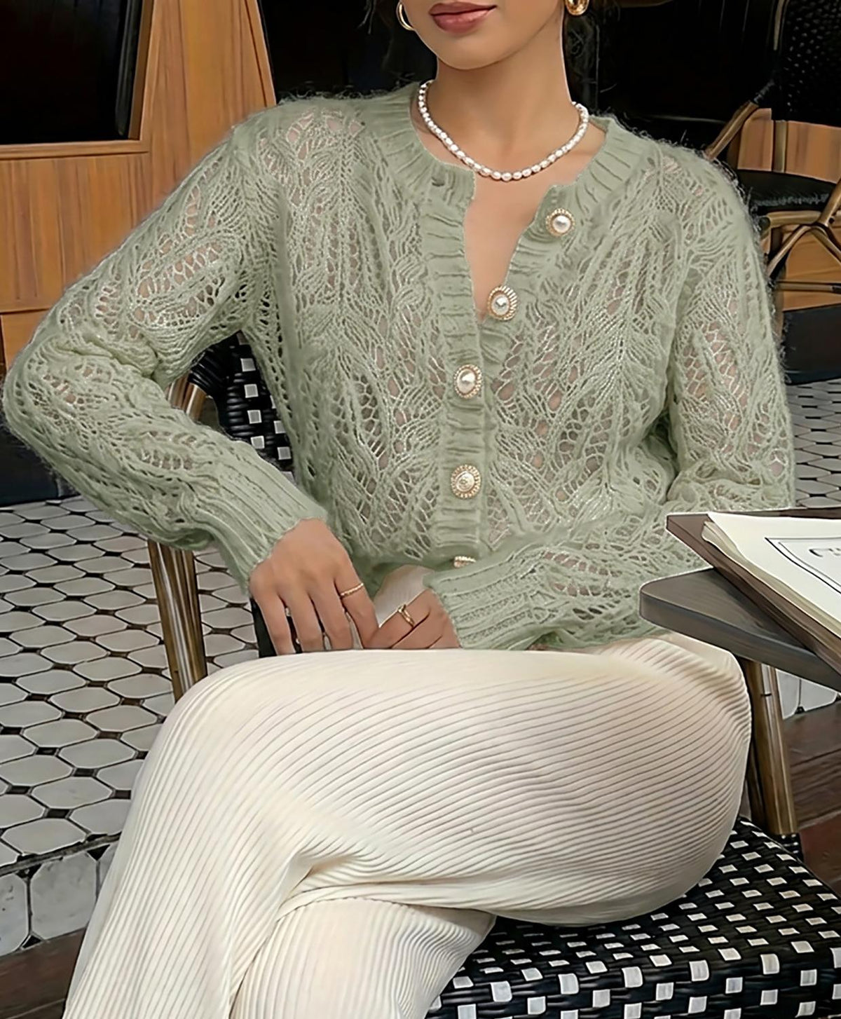Pointelle Open Knit Button Front Top - Green