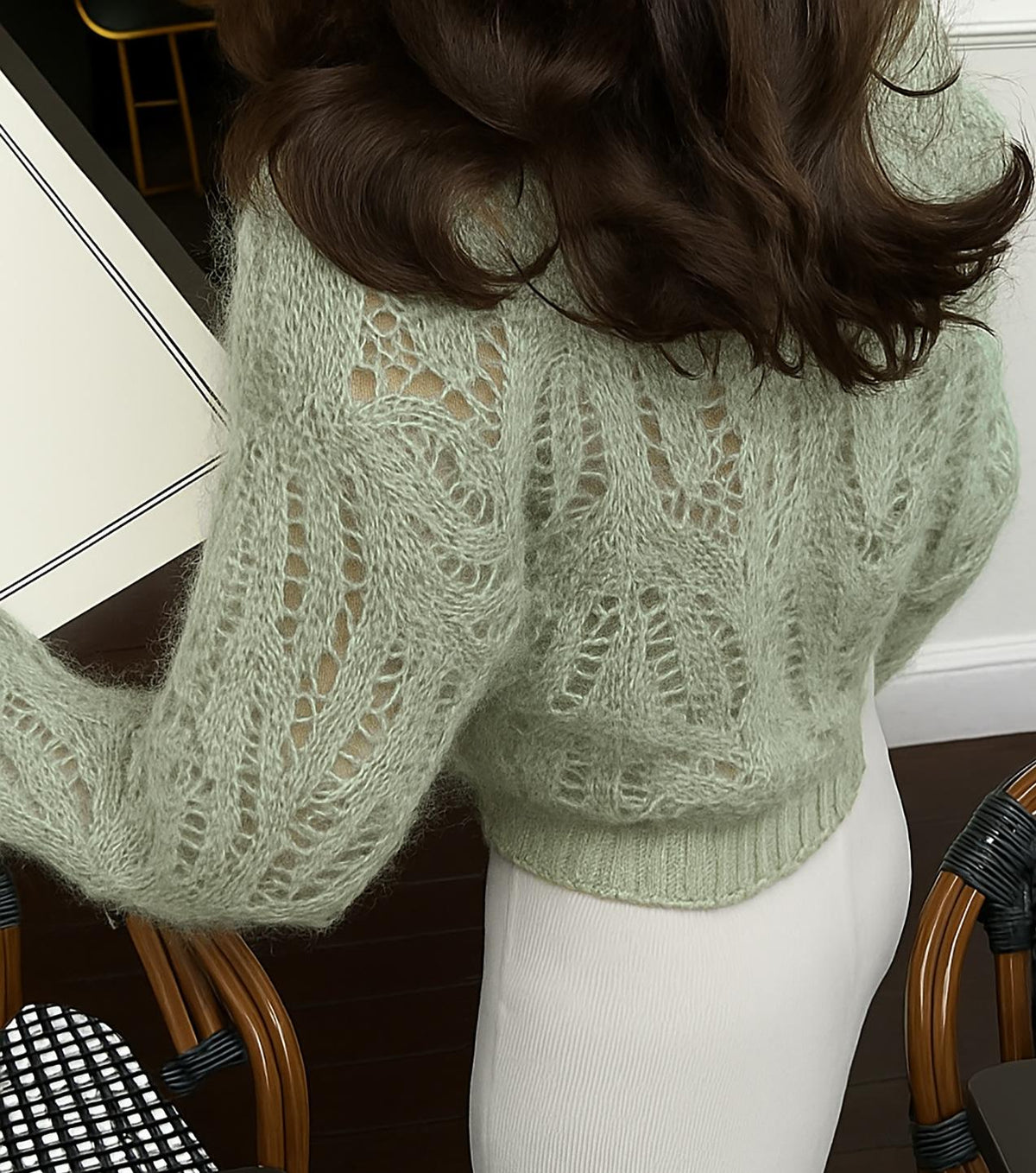 Pointelle Open Knit Button Front Top - Green - 2